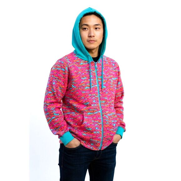 Ethika Abstract Camo Full Zip Hoodie Men XL Pink Orange Blue Full Zip Jacket - Picture 1 of 14